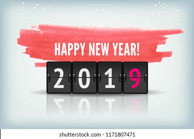 Happy new year concept template analog counter countdown timer, retro flip number counter from 2018 to 2019 year with watercolor paint and snowflakes