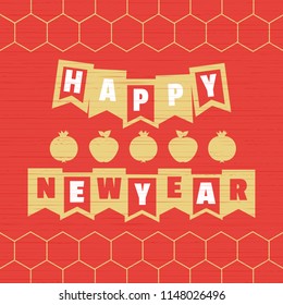 Happy New Year concept. Typography poster. Jewish Rosh Hashanah holiday symbols apple, pomegranate. Congratulation Greeting card template. Design of party decoration background. Vector illustration