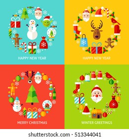 Happy New Year Concepts Set. Flat Design Vector Illustration. Collection of Christmas Posters.