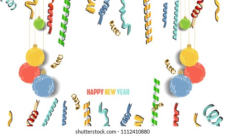 Happy new year confetti and gold clock celebration. Colorfull  greeting decoration