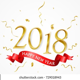 Happy new year with confetti and ribbon