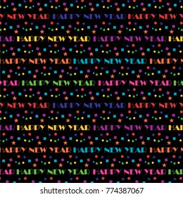 happy new year and confetti stripe vector background pattern on black