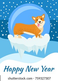 Happy New Year congrats from corgi, poster on snowflakes covered with falling snow. Vector illustration with cute smiling pet as symbol of holiday