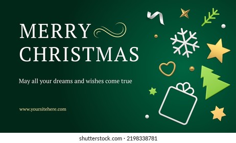 Happy New Year congrats green gradient modern web banner template with festive toys baubles realistic 3d icon vector illustration. Merry Christmas greeting poster spruce snowflake tinsel confetti