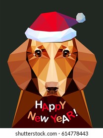 Happy New Year! Congratulation card with dachshund. Dog - symbol of 2018