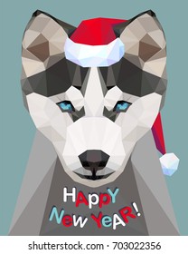 Happy New Year! Congratulation card with Husky. Dog - symbol of 2018