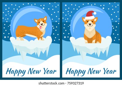 Happy New Year congratulation from corgi on blue background with snowfall. Vector illustration with cute dog Chinese symbol of coming year posters set