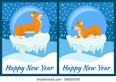 Happy New Year congratulation from playing on snow corgi on blue background with snowfall. Vector illustration with cute dog Chinese symbol of coming year