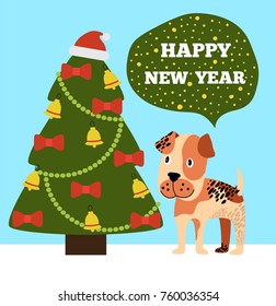 Happy New Year congratulations from cartoon pink spotted dog near decorated Christmas tree topped by Santa hat, with garlands, red bows and gold bells