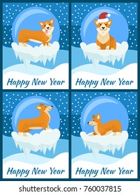 Happy New Year congratulations from cute corgi on set of four bright posters. Vector illustration with happy dog in red Santa's hat on snowy background