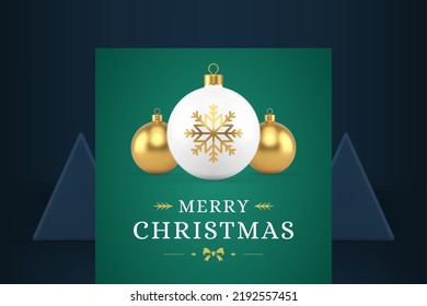 Happy New Year congratulations greeting card decorative design realistic 3d icon vector illustration. Merry Christmas premium banner post ball toy for fir tree decor best wishes festive holiday