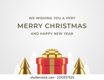 Happy New Year congratulations greeting card template white elegant design realistic 3d icon vector illustration. Merry Christmas celebration banner best wishes festive holiday gift box and spruce