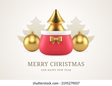 Happy New Year congratulations greeting card template winter holiday design realistic 3d icon vector illustration. Merry Christmas banner golden spruce in Santa Claus bag ball toy bauble decor