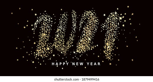 Happy New Year. Congratulations on the year 2021. Banner, with gold confetti, handwritten in gold glitter.