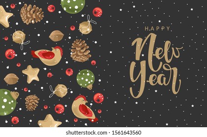Happy New Year congratulations. Winter holiday card with calligraphy and hand-drawn design elements. Greeting card, invitation.
