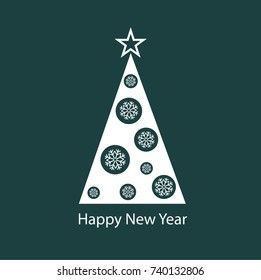 Happy New Year. Congratulatory poster with a stylized Christmas tree and snowflakes.