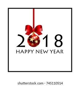 Happy New Year. Congratulatory poster. Vector design with realistic Christmas glass red ball with gold stars.