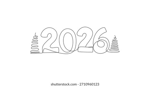 Happy New Year continuous one line drawing 2026 vector illustration