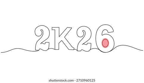 Happy New Year continuous one line drawing 2026 vector illustration
