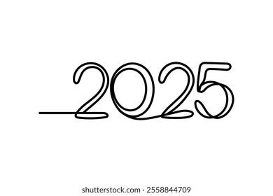 happy New year continuous online drawing number 2025 black and white Illustration 
