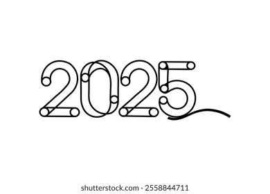 happy New year continuous online drawing number 2025 black and white Illustration 