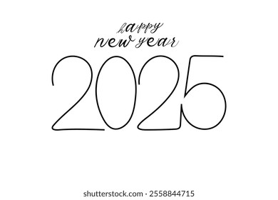 happy New year continuous online drawing number 2025 black and white Illustration 