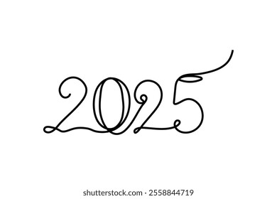happy New year continuous online drawing number 2025 black and white Illustration 