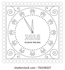 Happy New Year. Contour pattern clock face with traces of dog's paws instead of figures for decoration. Year of the yellow dog. Vector. Map. Colorize