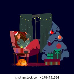 Happy New Year. Cosy Xmas atmosphere at the Christmas Eve. Alone happy girl lisen to music, relax with her cat . Warm celebration bright picture greeting card. Flat vector festive illustration