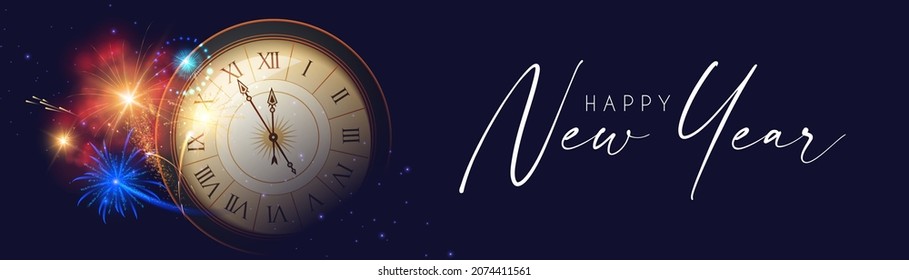 Happy New Year! Countdown. Clock and fireworks, lights and bokeh effect.