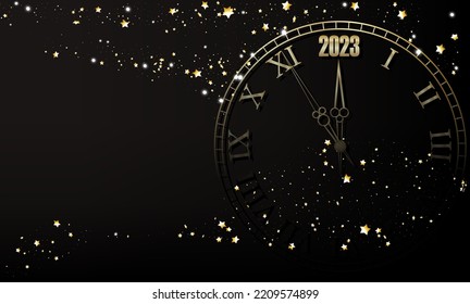 Happy New Year. Countdown. Clock and fireworks, lights and bokeh effect. Vector.