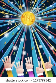 Happy new year countdown disco party with hands in colorful suits counting number from five to one, under gold HNY mirror ball, hanging gold, silver ribbons, stars and colorful confetti
