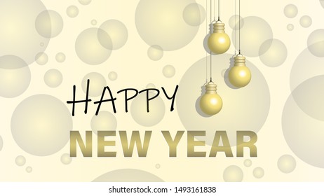 Happy new year. Cover, banner, flyer, postcard, etc. Golden abstract background, light bulbs.