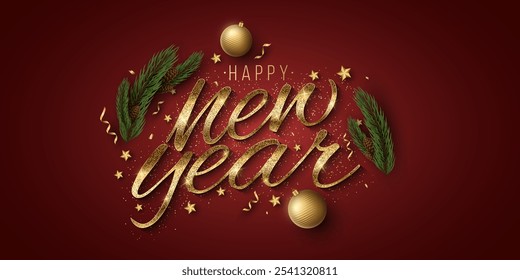 Happy New Year cover design. Golden glittering lettering with decorations from 3d stars, fir tree, balls and confetti on red background. Festive cover design. Vector illustration