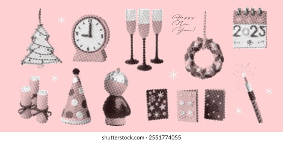 Happy New Year cozy halftone collage elements set for collages design, retro banners and vintage posters. Vintage vector illustration.