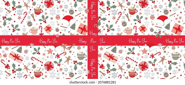 Happy New Year Creative Celebration Card or Banner Template Design. New Year and Christmas Decorations Pattern and Gift Red Satin Ribbon with Greeting words. Can be printed or can be used in websites.