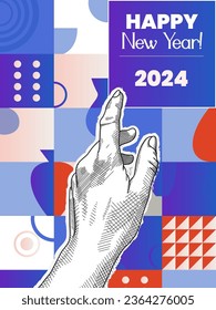 ¡Feliz año nuevo! Cobertura creativa o concepto de afiche sobre fondo abstracto. Ilustración vectorial romana y griega con fondo geométrico moderno. Carteles para la exposición, portada de revista o folleto. 