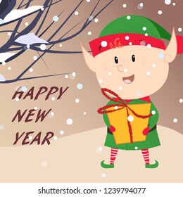 Happy New Year creative greeting card design with elf. Lettering with christmas elf holding gift box on background with tree branches. Can be used for postcards, invitations, greeting cards