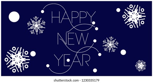 Happy New Year - creative hand drawn lettering in minimalistic style; white letters on blue background. Flat vector illustration for cards, posters, prints, stickers, seasonal decoration, promo, web.