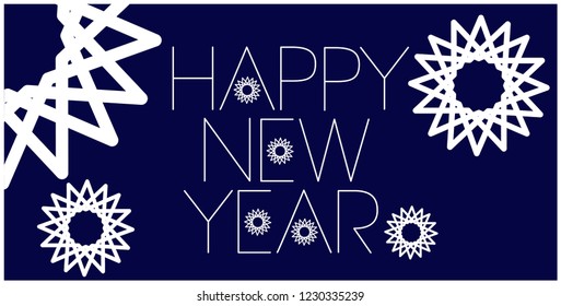 Happy New Year - creative hand drawn lettering in minimalistic style; white letters on blue background. Flat vector illustration for prints, posters, cards, flyers, seasonal design, decoration, web.
