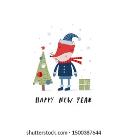 Happy New Year. Creative hand drawn card for winter holidays with cute fox. Vector cartoon illustration. Hand drawn typography poster. Xmas design. Bright colors