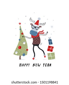 Happy New Year. Creative hand drawn card for winter holidays with cute dancing deer. Vector cartoon illustration. Hand drawn typography poster. Xmas design. Bright colors