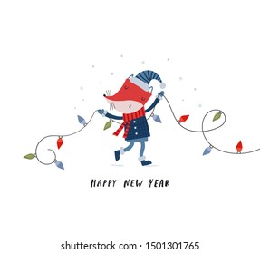 Happy New Year. Creative hand drawn card for winter holidays with cute fox and flashlights. Vector cartoon illustration. Hand drawn typography poster. Xmas design. Bright colors
