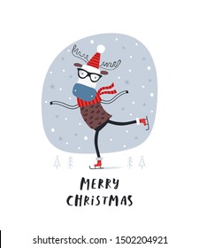 Happy New Year. Creative hand drawn card for winter holidays with cute deer in skates. Vector cartoon illustration. Hand drawn typography poster. Xmas design. Bright colors
