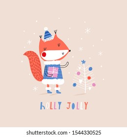 Happy New Year. Creative hand drawn card for winter holidays with cute squirrel. Vector cartoon illustration. Hand drawn typography poster. Xmas design. Bright colors: orange, pink and blue