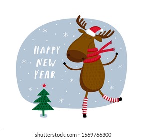 Happy new year. Creative hand drawn card for winter holidays with cute deer. Vector cartoon illustration. Hand drawn typography poster. Xmas design. Bright colors