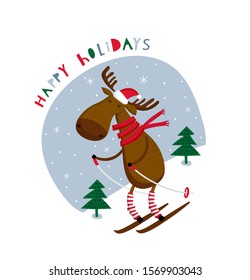 Happy new year. Creative hand drawn card for winter holidays with cute skiing deer. Vector cartoon illustration. Hand drawn typography poster. Xmas design. Bright colors