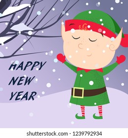 Happy New Year creative poster design with elf. Lettering with elf in green costume on background with tree branches. Can be used for postcards, invitations, greeting cards
