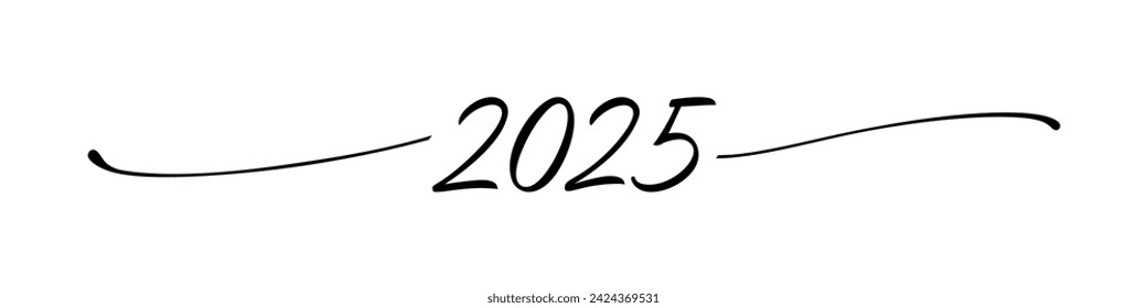 Happy New Year creative title. 2025 text divider. Horizontal banner. Graphic decoration. Hand drawing style. Isoltated number. Holiday logo template. 20 25 symbol with elegant lines. Internet icon.