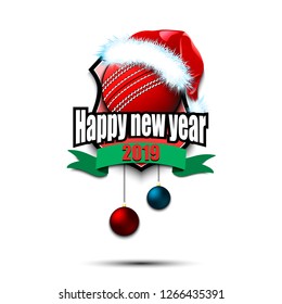 Happy new year. Cricket logo template design. Cricket ball with santa hat. Pattern for banner, poster, greeting card, party invitation. Vector illustration